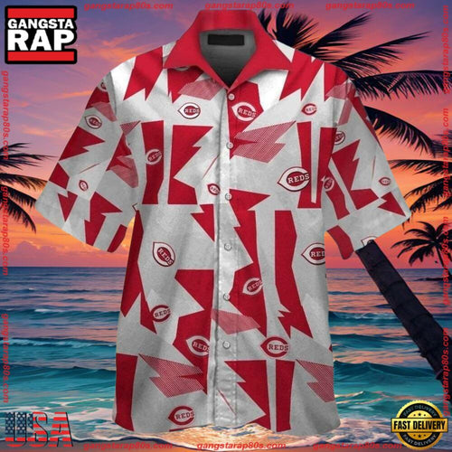 MLB Abstract Red Fanfare Cincinnati Reds Hawaiian ButtonUp Shirts