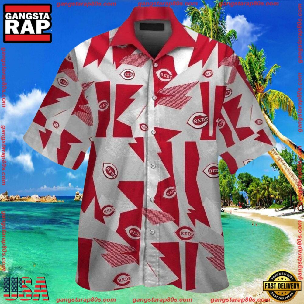 MLB Abstract Red Fanfare Cincinnati Reds Hawaiian ButtonUp Shirts