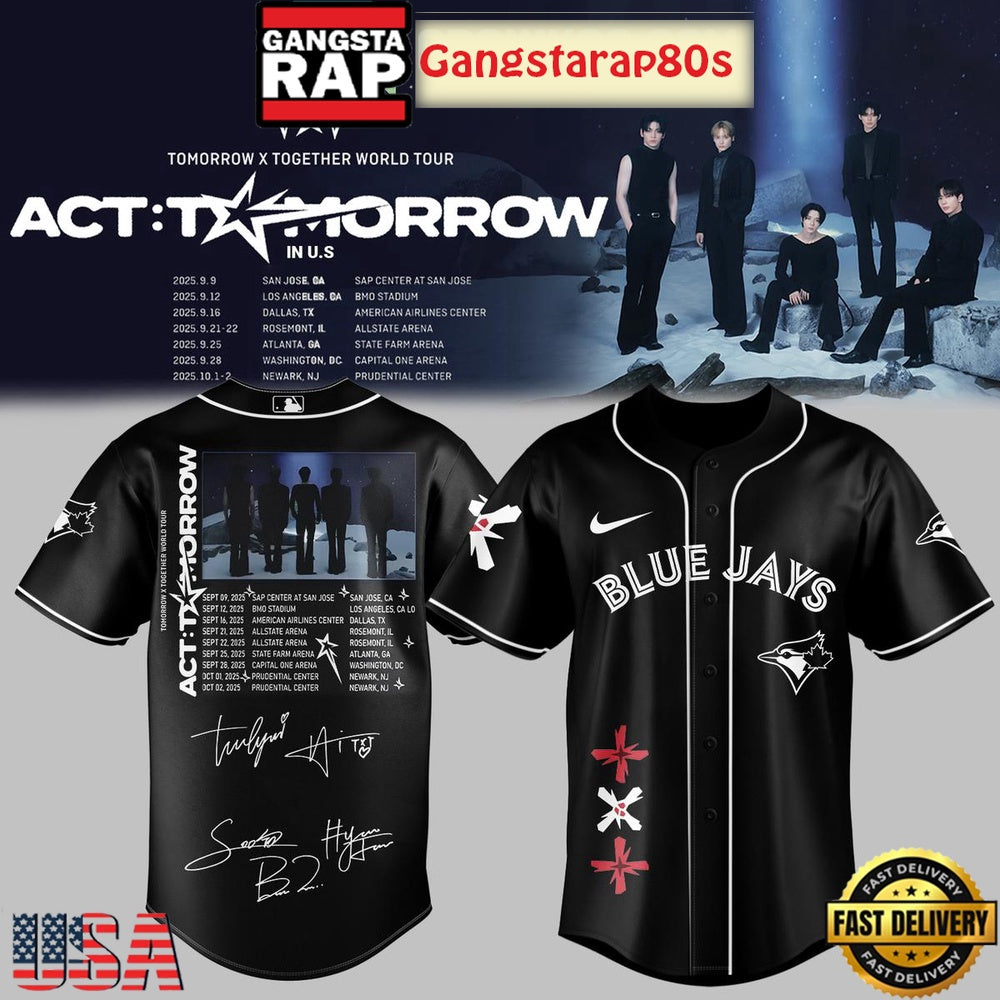 MLB All Team x TXT Tomorrow X Together Tour 2025 Black Baseball Jersey Shirt