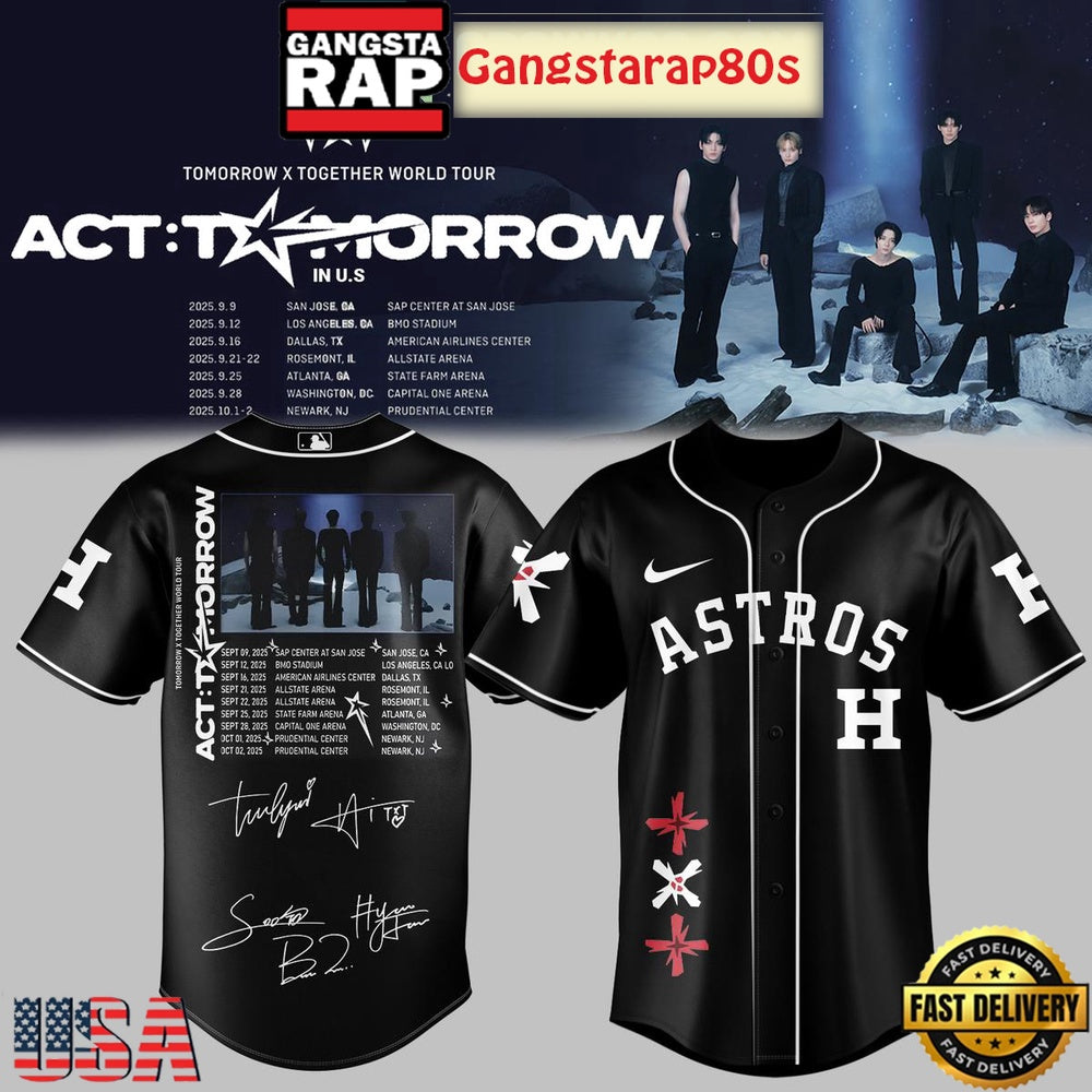 MLB All Team x TXT Tomorrow X Together Tour 2025 Black Baseball Jersey Shirt
