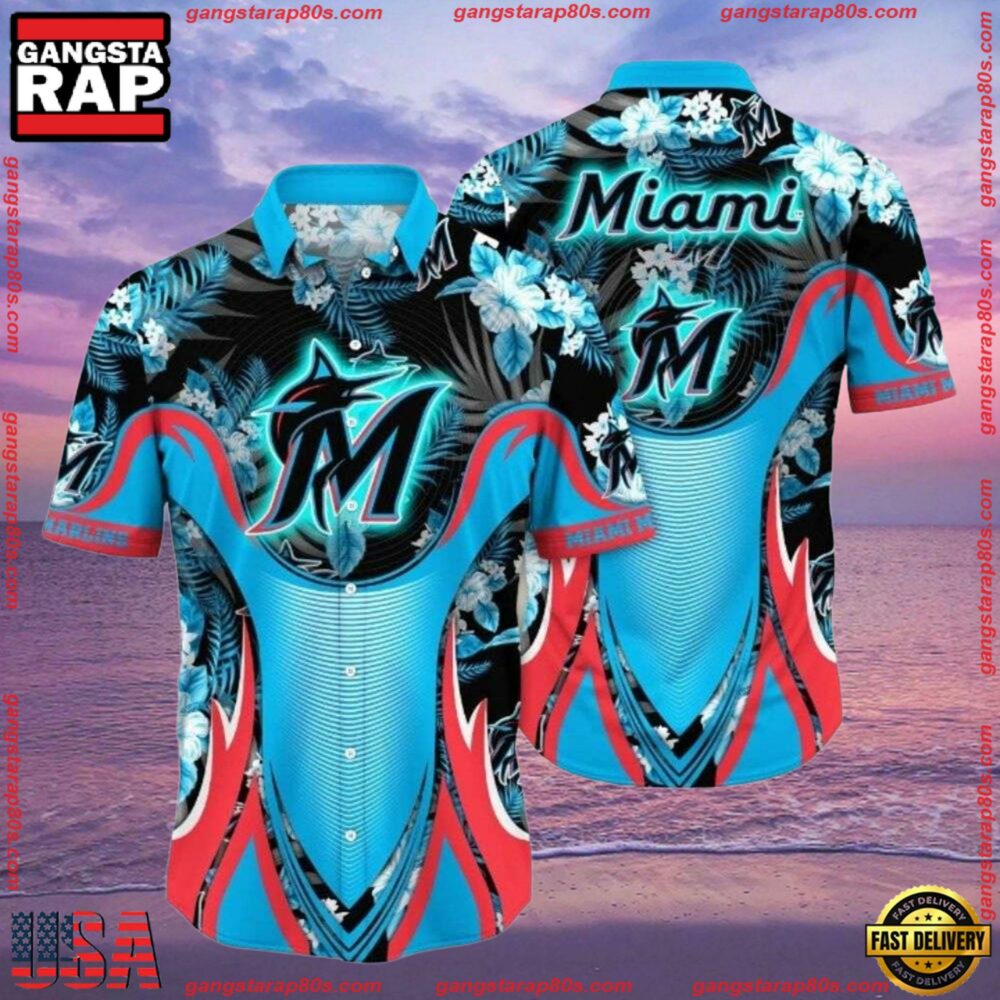 MLB Aquatic Flora Surge Miami Marlins Aloha Shirts