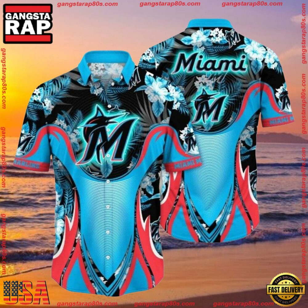 MLB Aquatic Flora Surge Miami Marlins Aloha Shirts