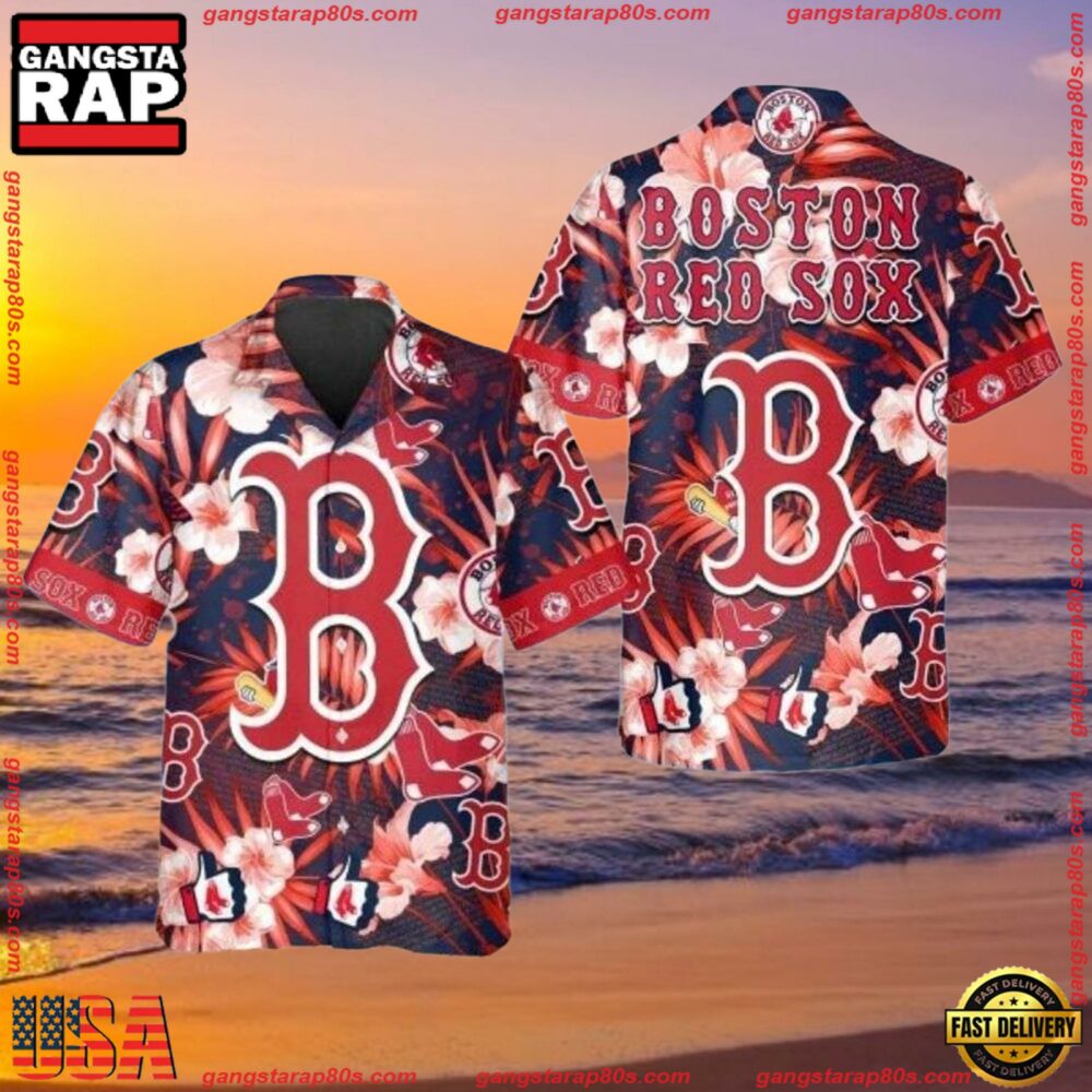 MLB Boston Red Sox Floral And Logo Hawaiian Shirt