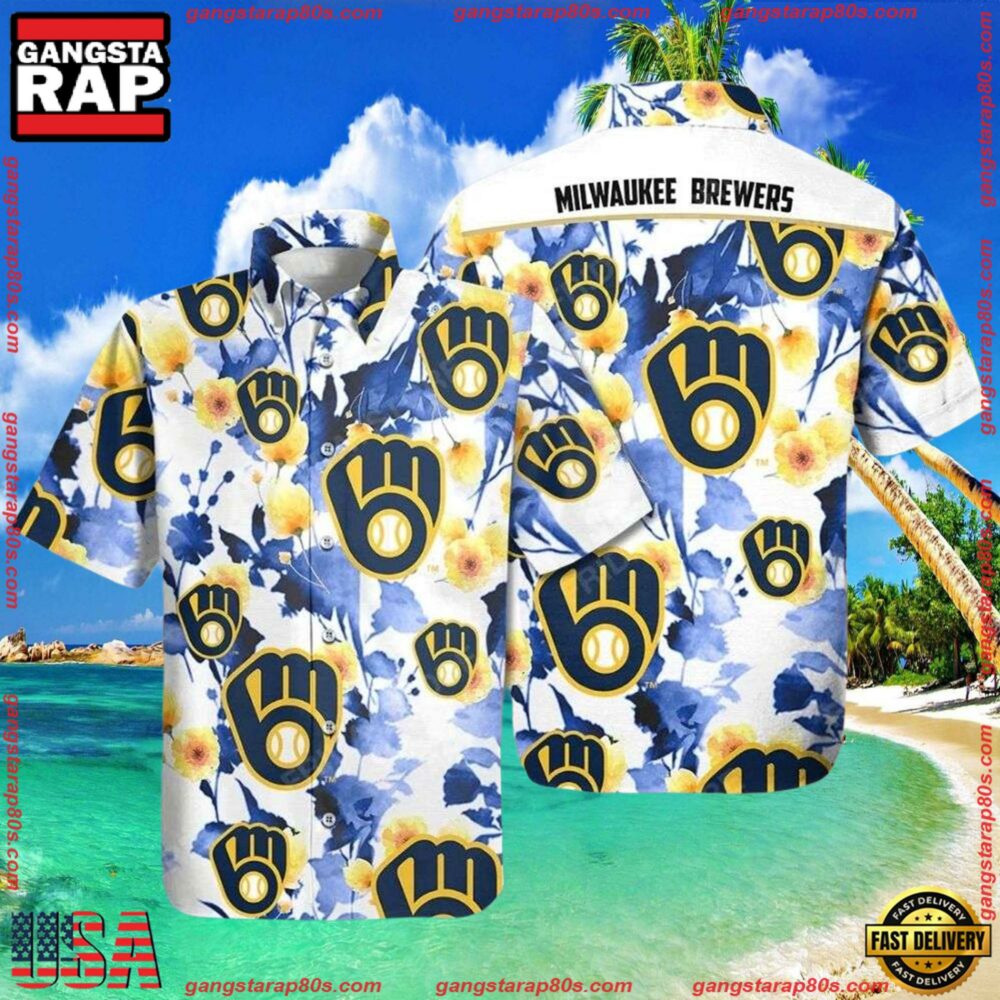 MLB Brewers’ Blooming Blue - Milwaukee Brewers Floral Hawaiian Shirt