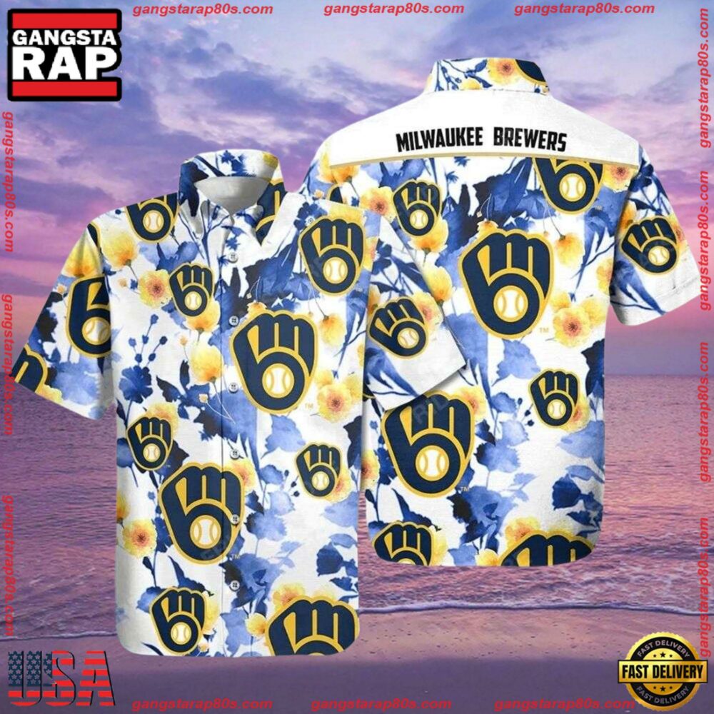 MLB Brewers’ Blooming Blue - Milwaukee Brewers Floral Hawaiian Shirt