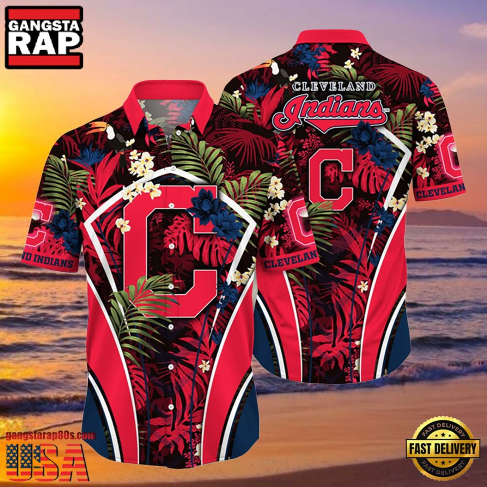 MLB Cleveland Indians Flower Tropical Hot Summer Hawaiian Button Down Shirt