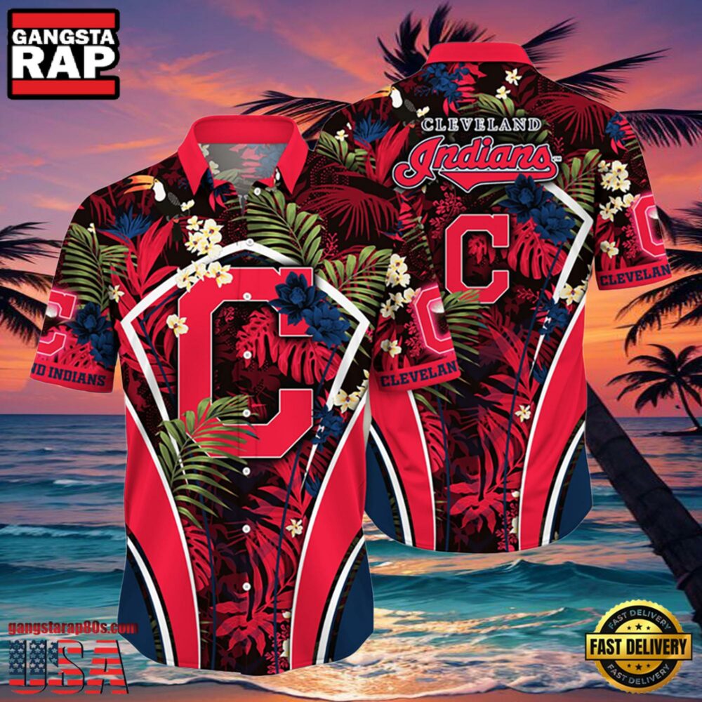 MLB Cleveland Indians Flower Tropical Hot Summer Hawaiian Button Down Shirt