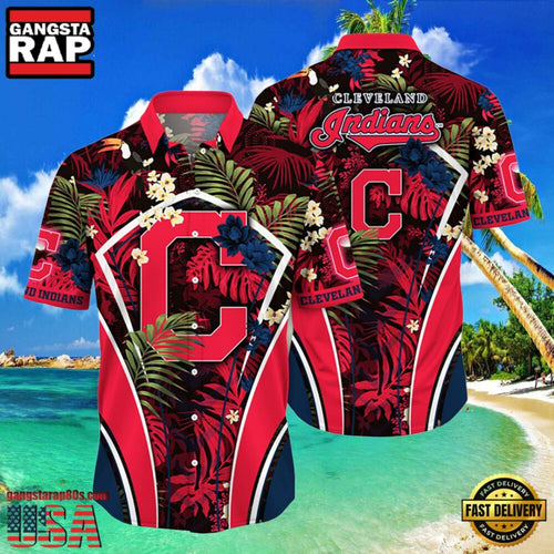 MLB Cleveland Indians Flower Tropical Hot Summer Hawaiian Button Down Shirt