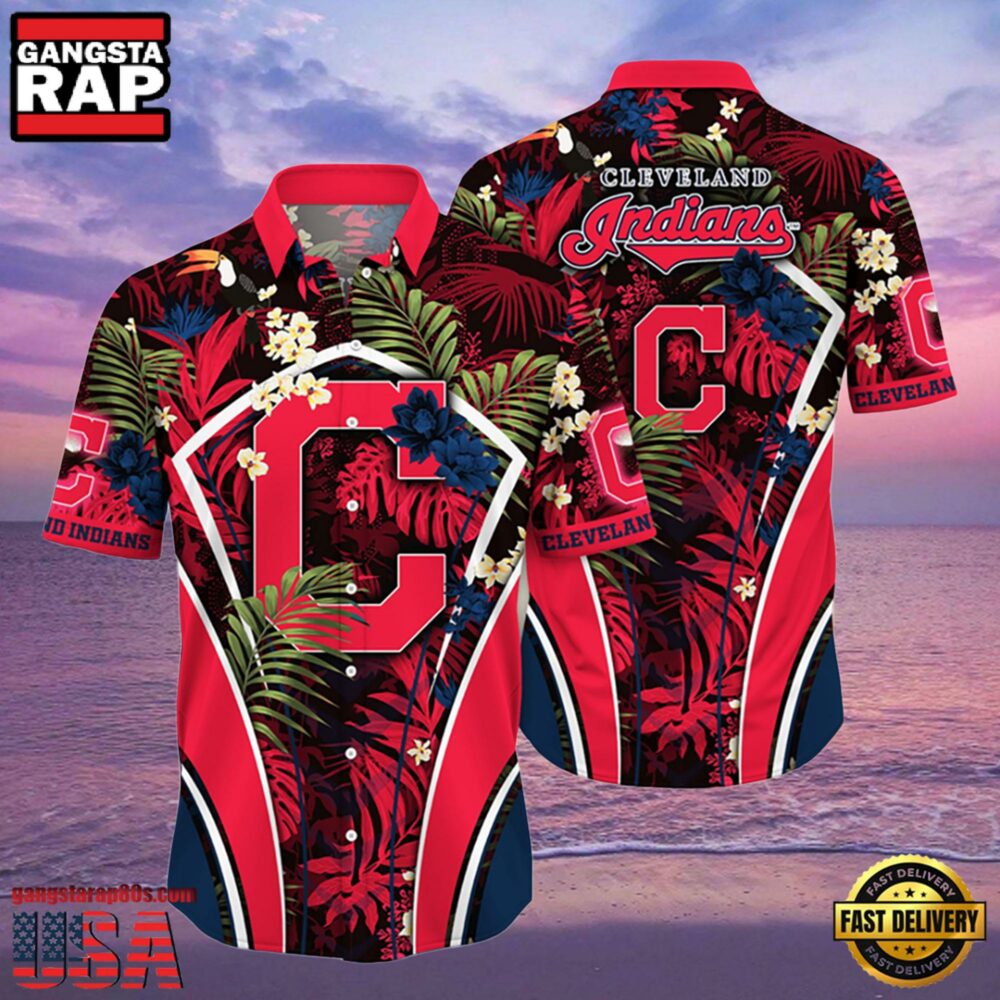 MLB Cleveland Indians Flower Tropical Hot Summer Hawaiian Button Down Shirt