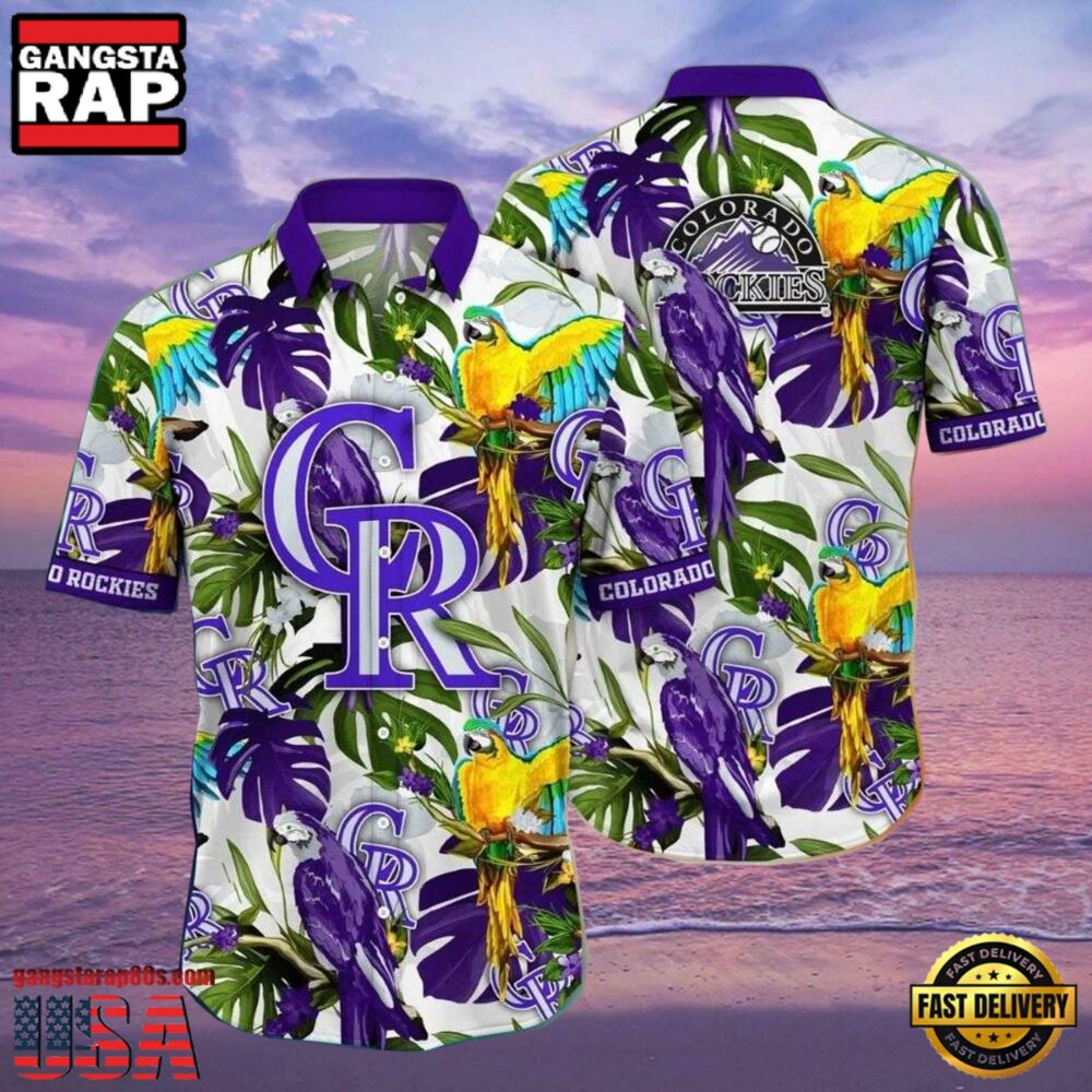 MLB Colorado Rockies Regal Purple Parrot And Palm Hawaiian Shirt