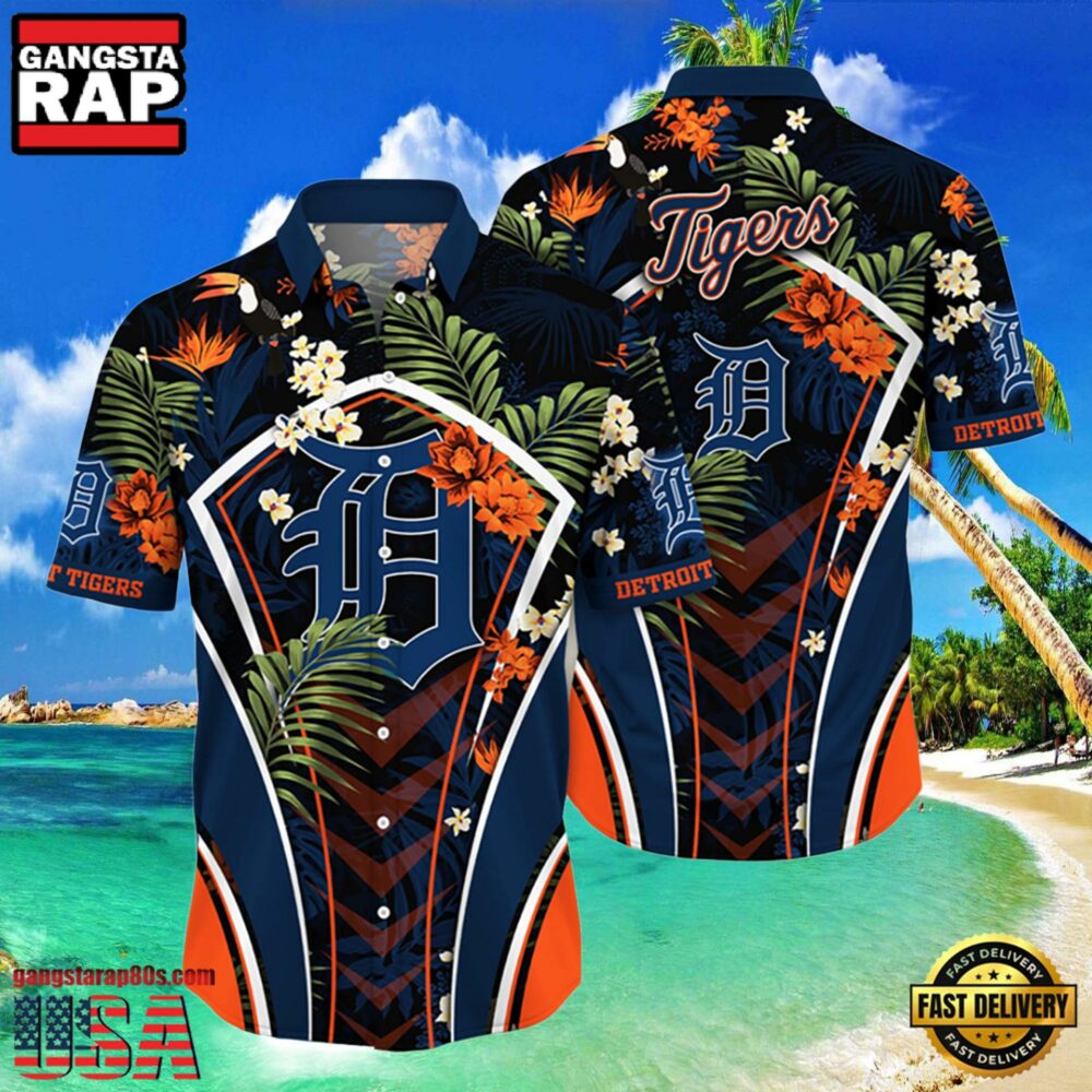 MLB Detroit Tigers Flower Tropical Hot Summer Hawaiian Button Down Shirt