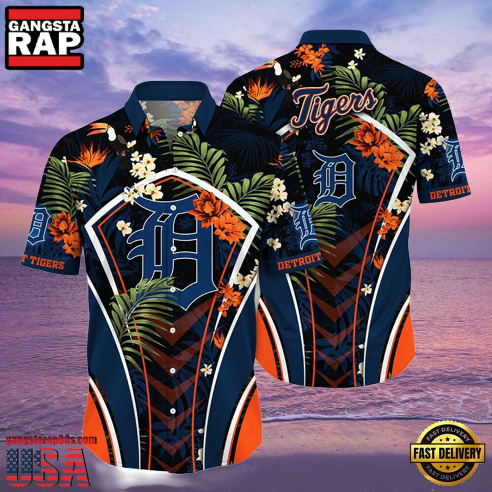 MLB Detroit Tigers Flower Tropical Hot Summer Hawaiian Button Down Shirt
