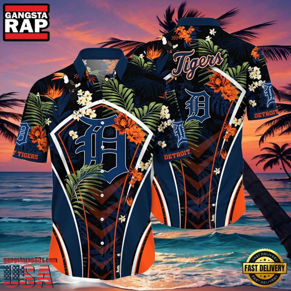 MLB Detroit Tigers Flower Tropical Hot Summer Hawaiian Button Down Shirt
