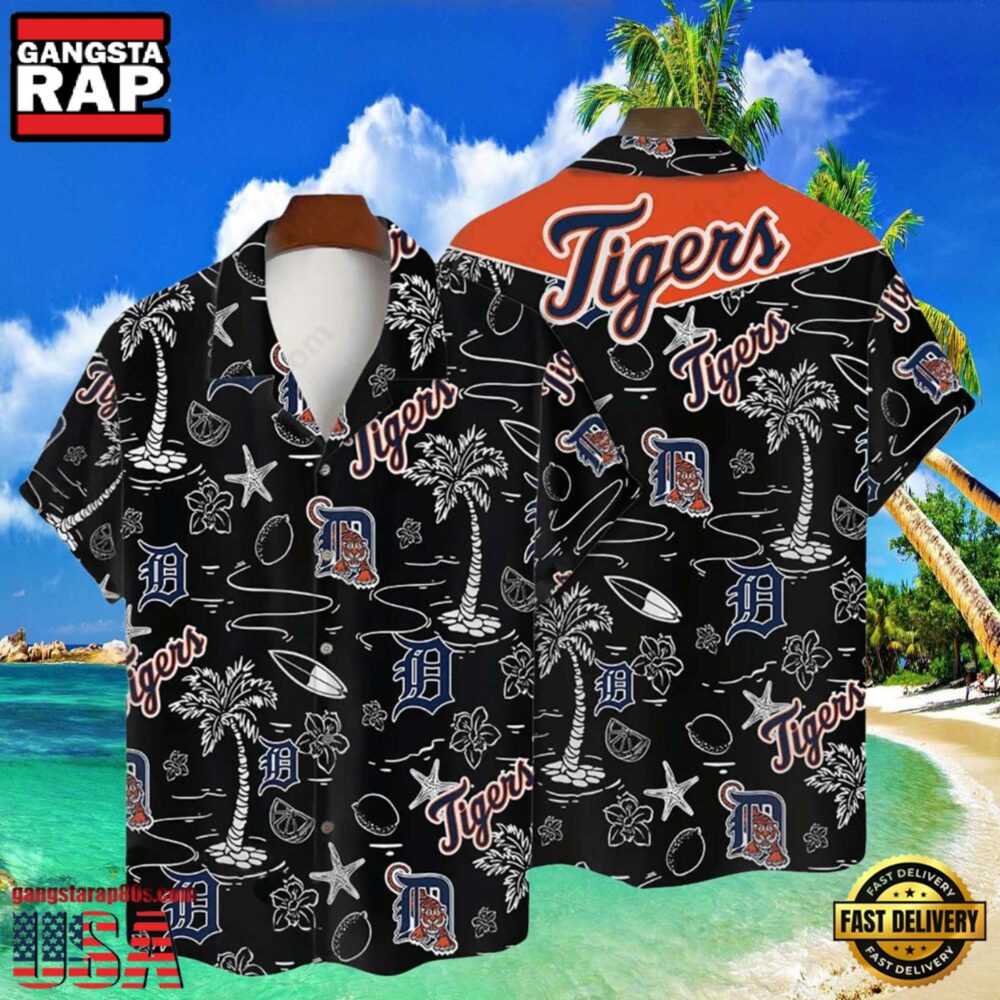 MLB Detroit Tigers Tropical Palms Black Hot Summer Hawaiian Shirt