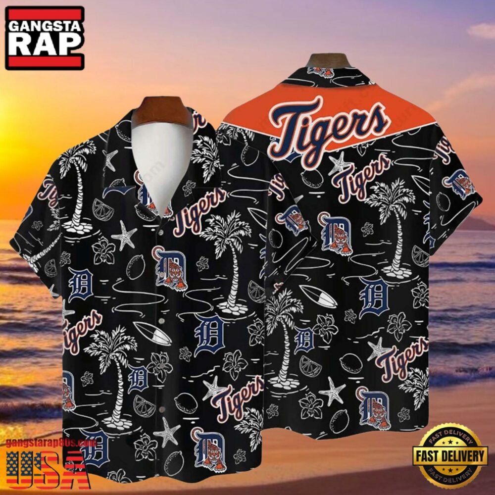 MLB Detroit Tigers Tropical Palms Black Hot Summer Hawaiian Shirt