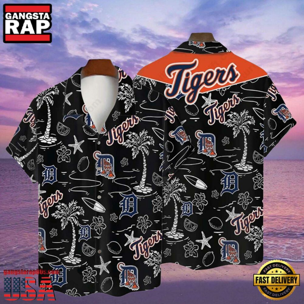 MLB Detroit Tigers Tropical Palms Black Hot Summer Hawaiian Shirt