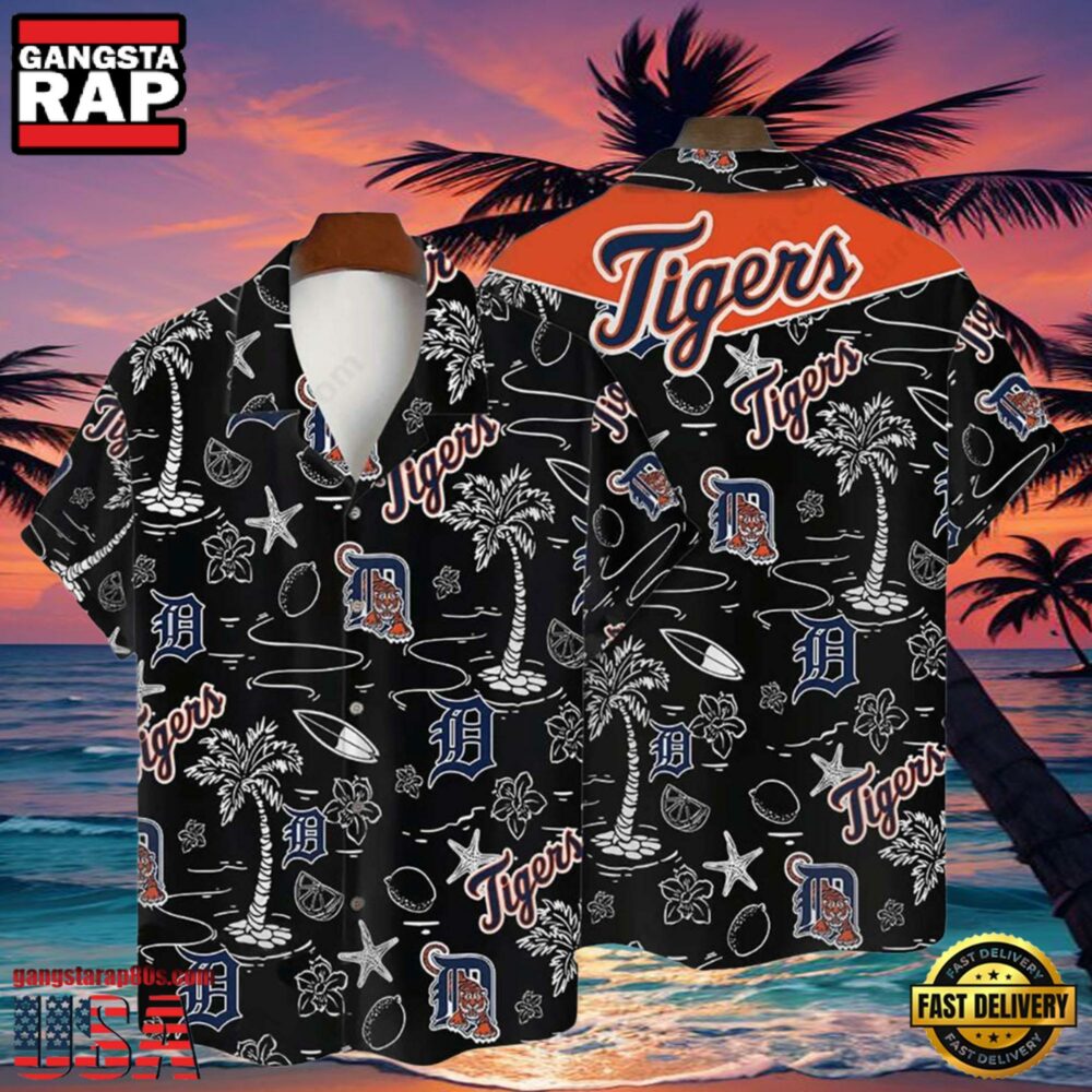 MLB Detroit Tigers Tropical Palms Black Hot Summer Hawaiian Shirt