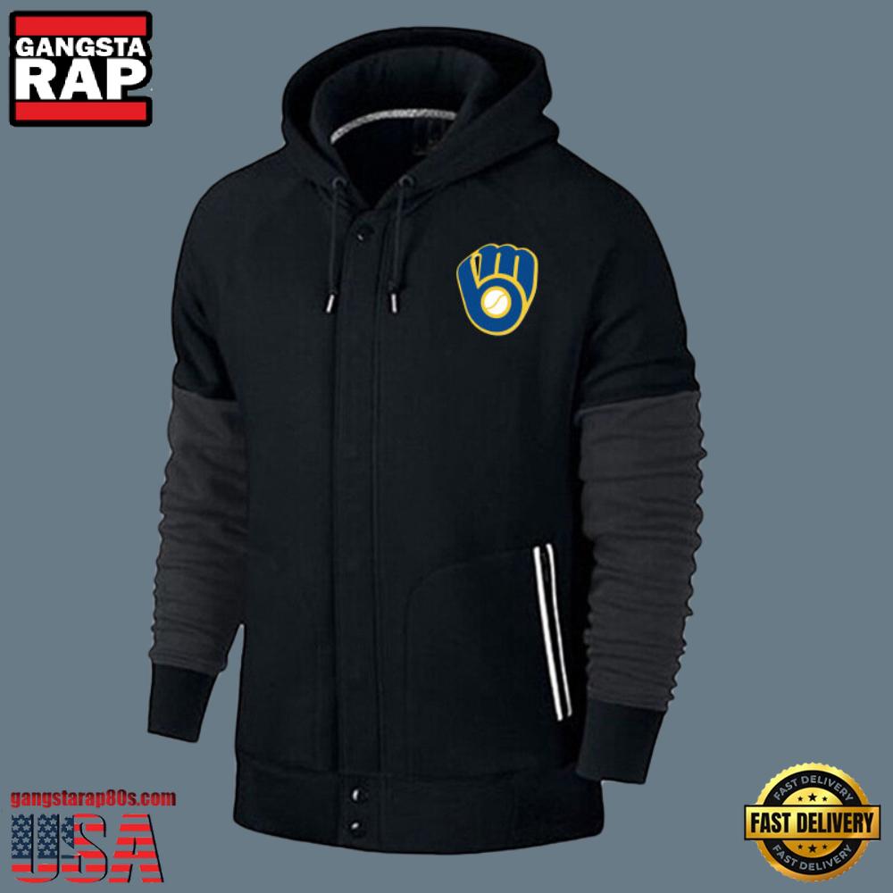 MLB Jersey Milwaukee Brewers Zip UP New Design Hoodie Shirt Black