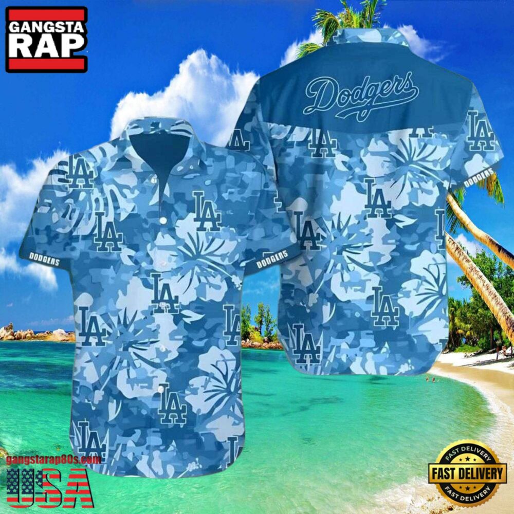 MLB LA Dodgers Camouflage Hibiscus Flower Pattern Aloha Hawaiian Shirt