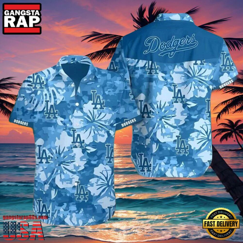 MLB LA Dodgers Camouflage Hibiscus Flower Pattern Aloha Hawaiian Shirt