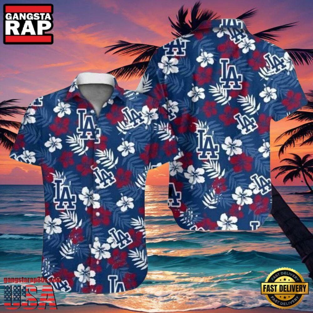MLB LA Dodgers Floral Emblem Aloha Shirt Classic Red And Blue
