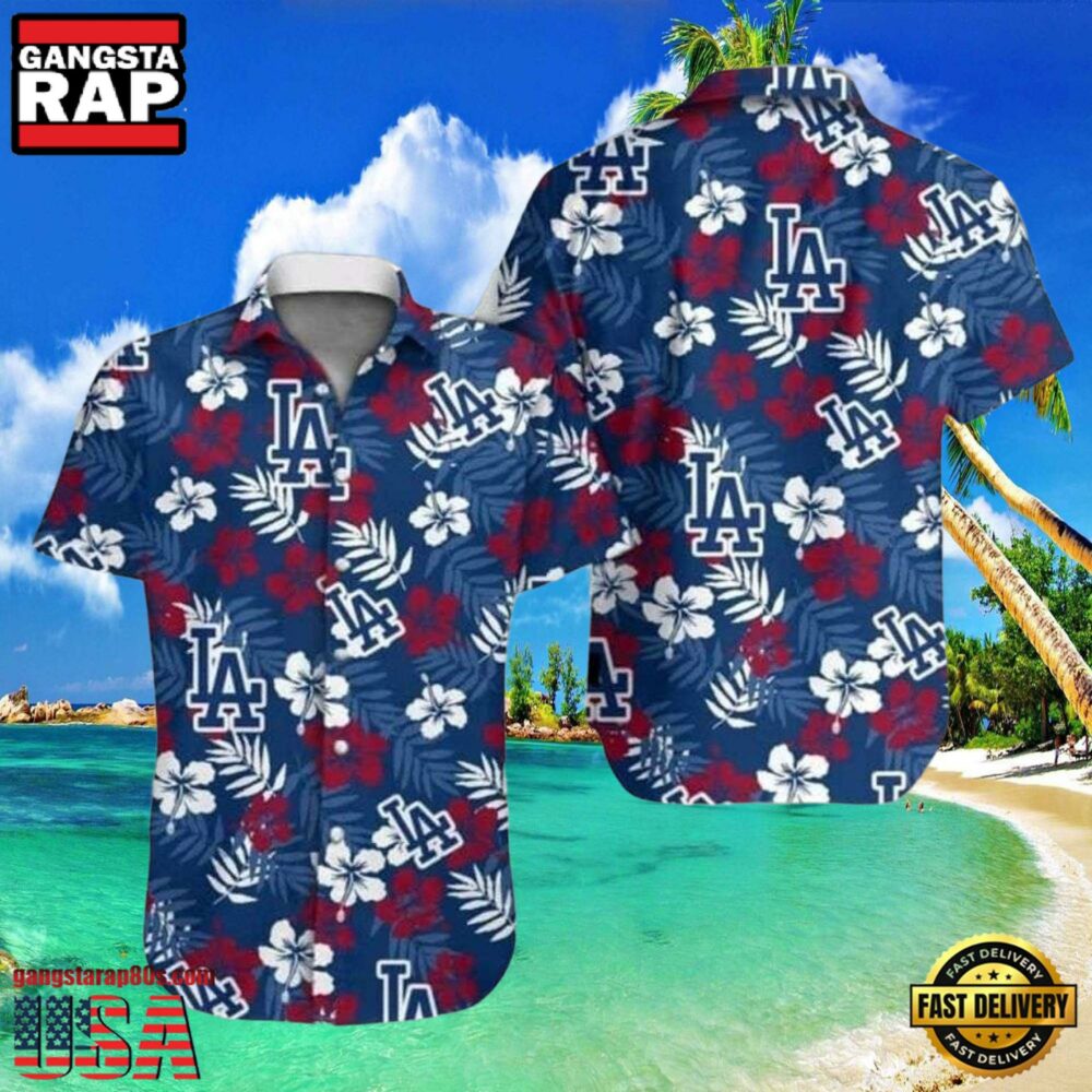 MLB LA Dodgers Floral Emblem Aloha Shirt Classic Red And Blue