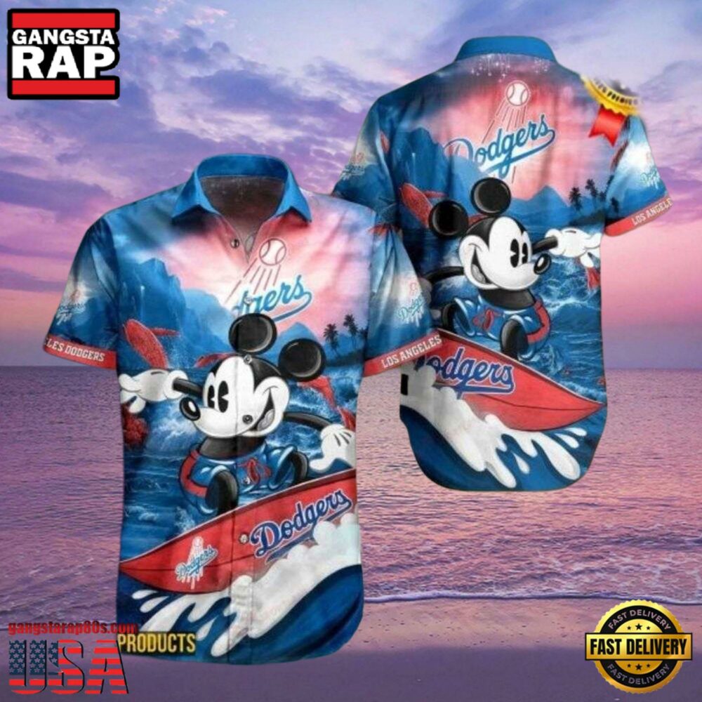 MLB LA Dodgers With Surfing Mickey Graphic Aloha Hawaiian Shirt