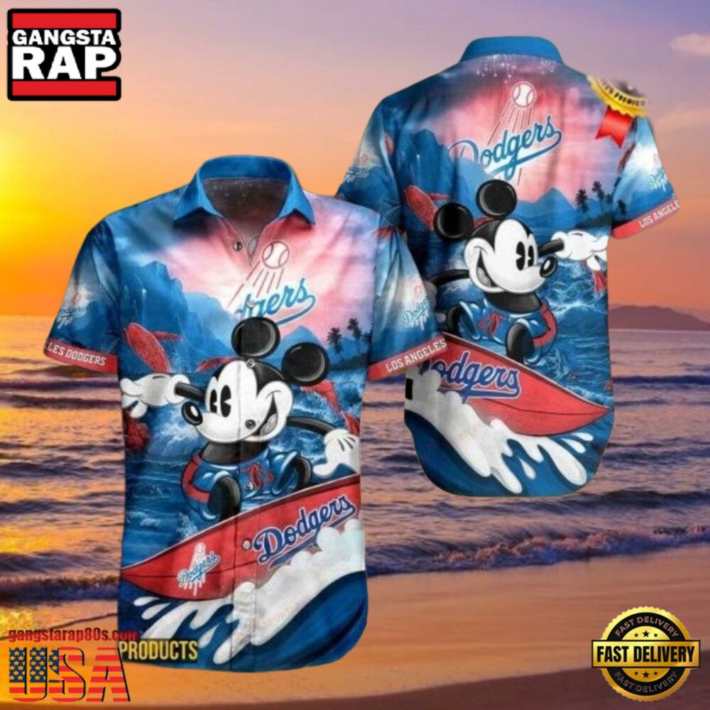 MLB LA Dodgers With Surfing Mickey Graphic Aloha Hawaiian Shirt