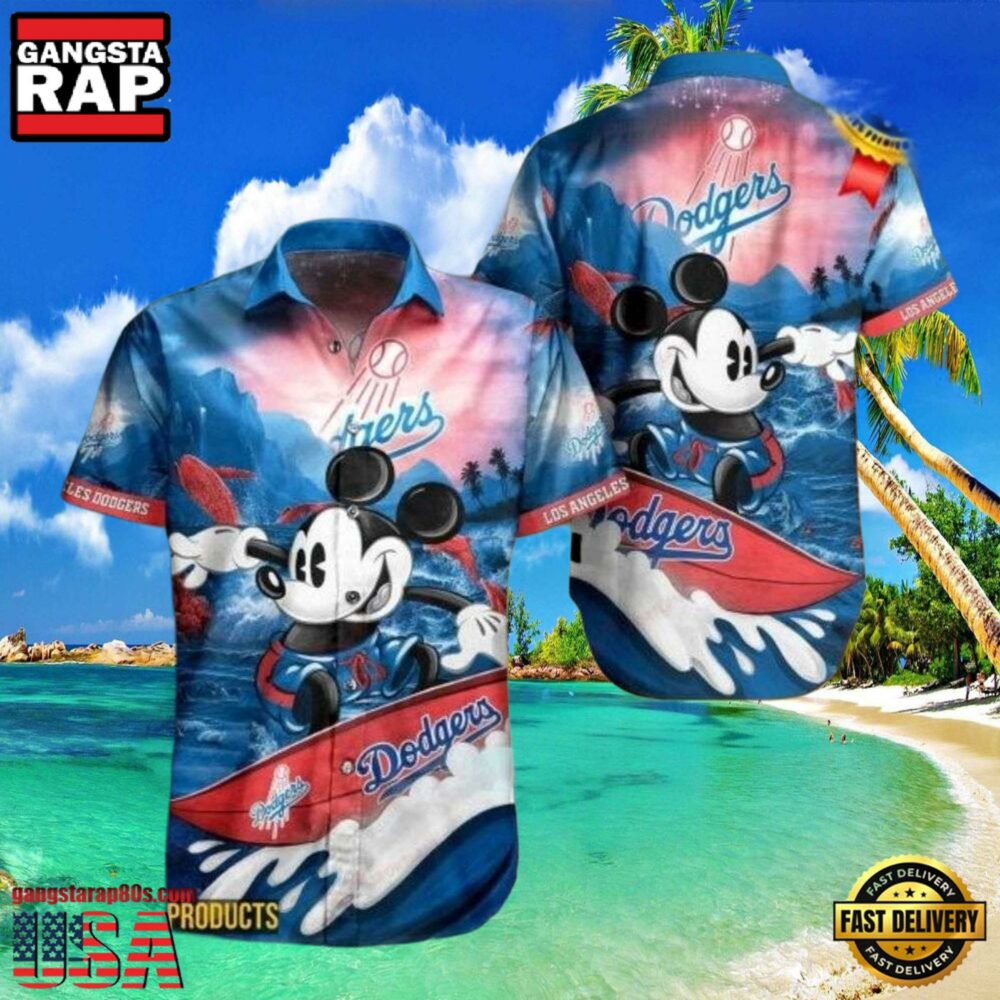 MLB LA Dodgers With Surfing Mickey Graphic Aloha Hawaiian Shirt