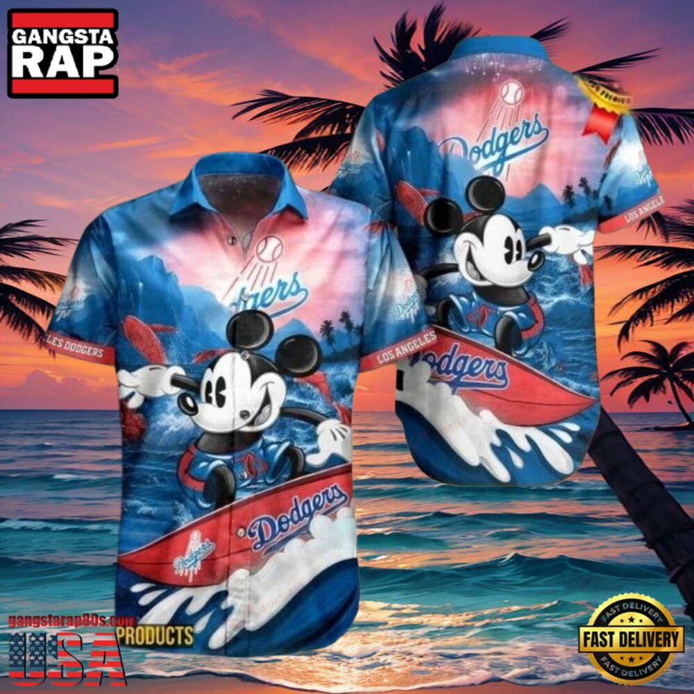 MLB LA Dodgers With Surfing Mickey Graphic Aloha Hawaiian Shirt