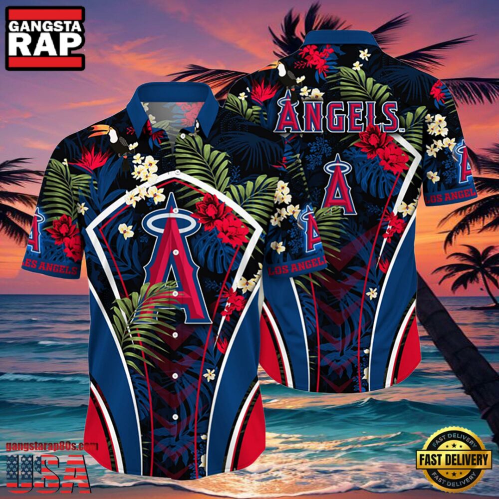 MLB Los Angeles Angels Flower Tropical Hot Summer Hawaiian Button Down Shirt