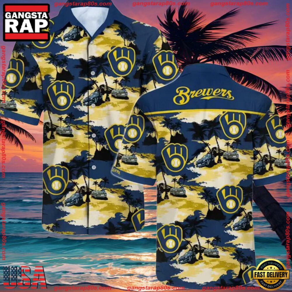 MLB Milwaukee Brewers Floral Hawaiian Short Sleeve Shirt