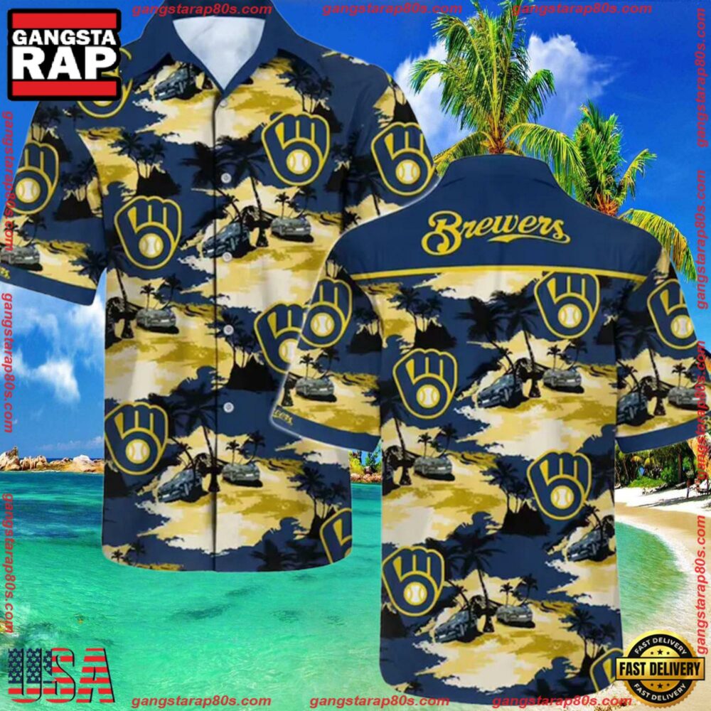 MLB Milwaukee Brewers Floral Hawaiian Short Sleeve Shirt