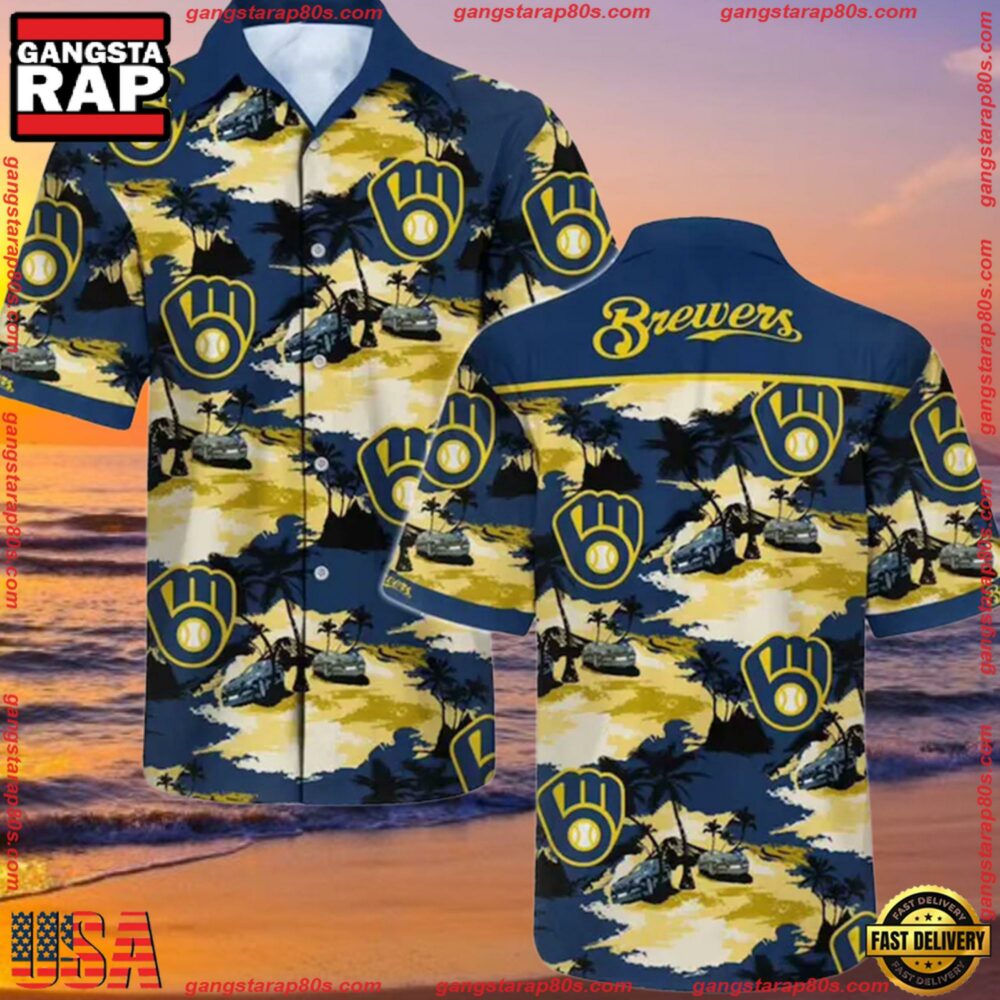 MLB Milwaukee Brewers Floral Hawaiian Short Sleeve Shirt