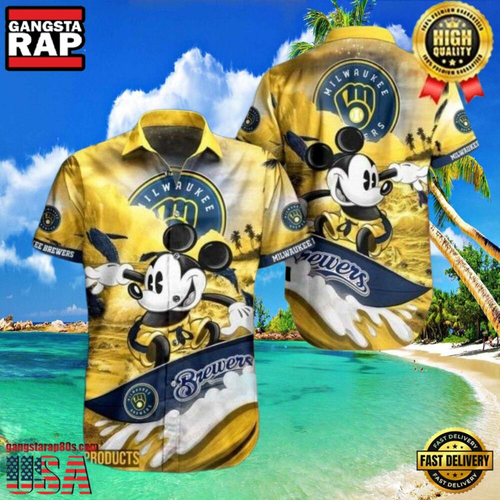 MLB Milwaukee Brewers Tropical Aloha Hawaiian Shirt Featuring Mickey Surfing
