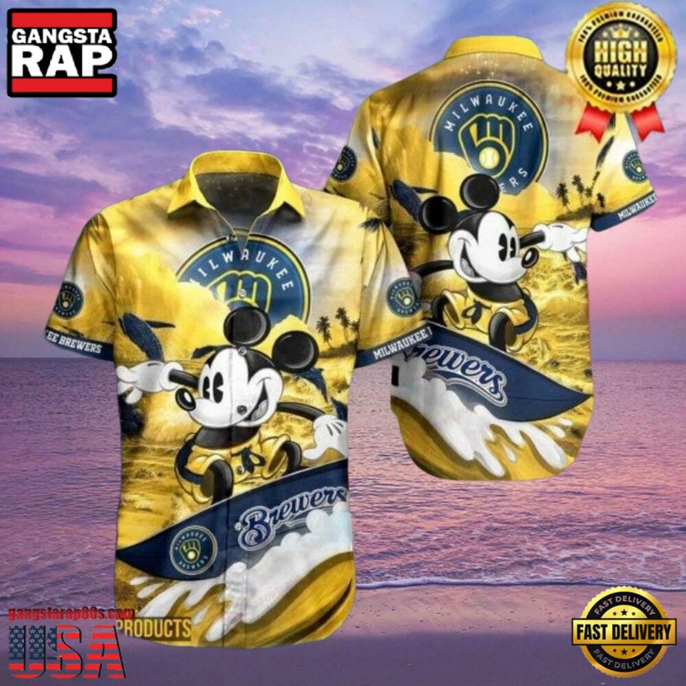 MLB Milwaukee Brewers Tropical Aloha Hawaiian Shirt Featuring Mickey Surfing