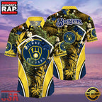 MLB Milwaukee Brewers Tropical Palms Black Hot Summer Hawaiian Shirt