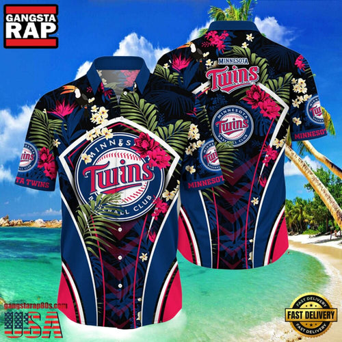 MLB Minnesota Twins Tropical Palms Black Hot Summer Hawaiian Shirt