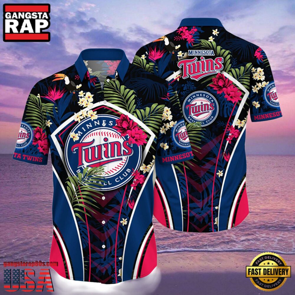 MLB Minnesota Twins Tropical Palms Black Hot Summer Hawaiian Shirt