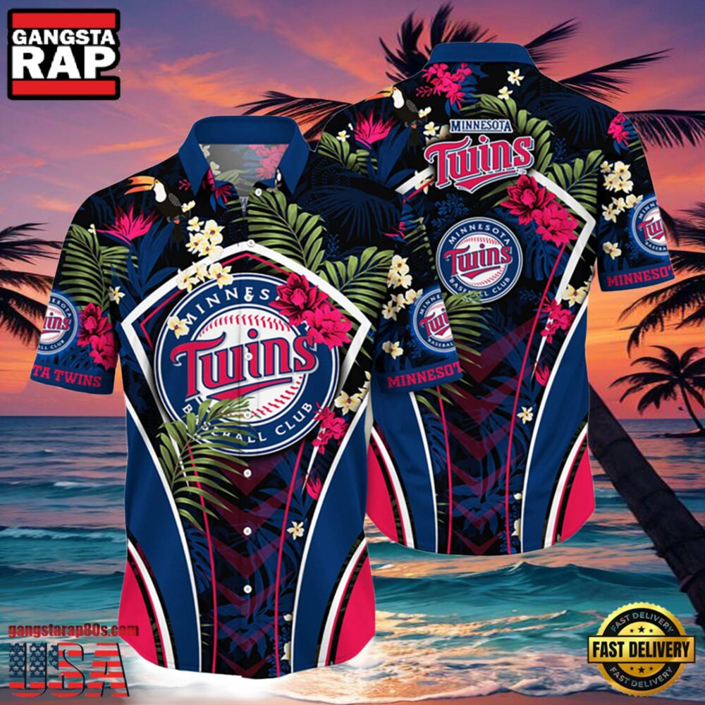 MLB Minnesota Twins Tropical Palms Black Hot Summer Hawaiian Shirt