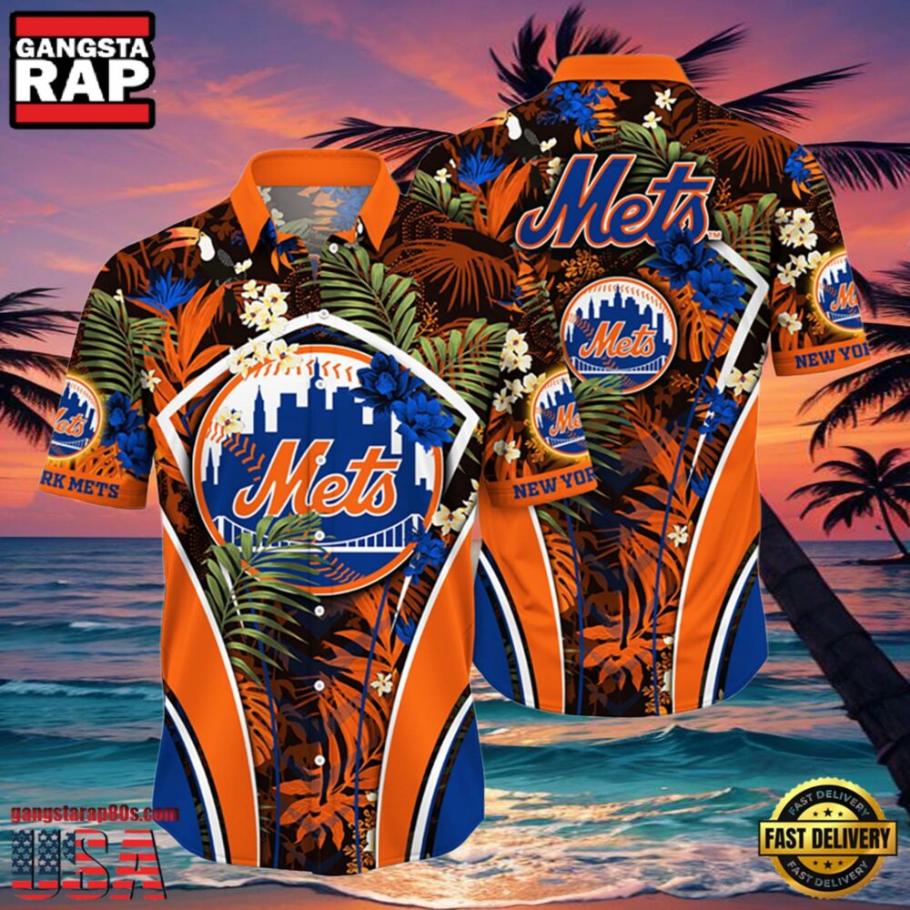 MLB New York Mets Hibiscus Tropical Flowers Stripe Hot Summer Hawaiian Shirt