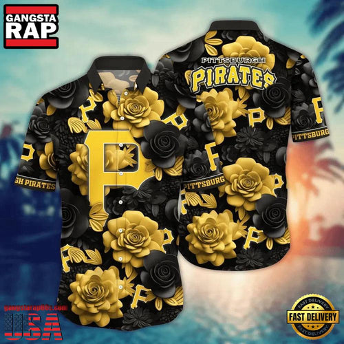 MLB Pittsburgh Pirates Black And Gold Rose Aloha Hawaiian Shirt