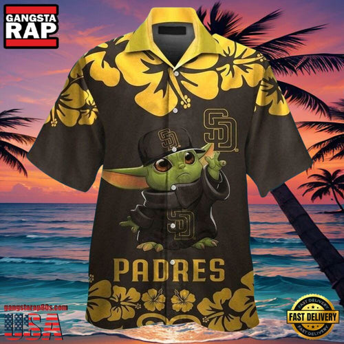 MLB San Diego Padres Aloha Hawaiian Shirt With Baby Yoda And Hibiscus Motif