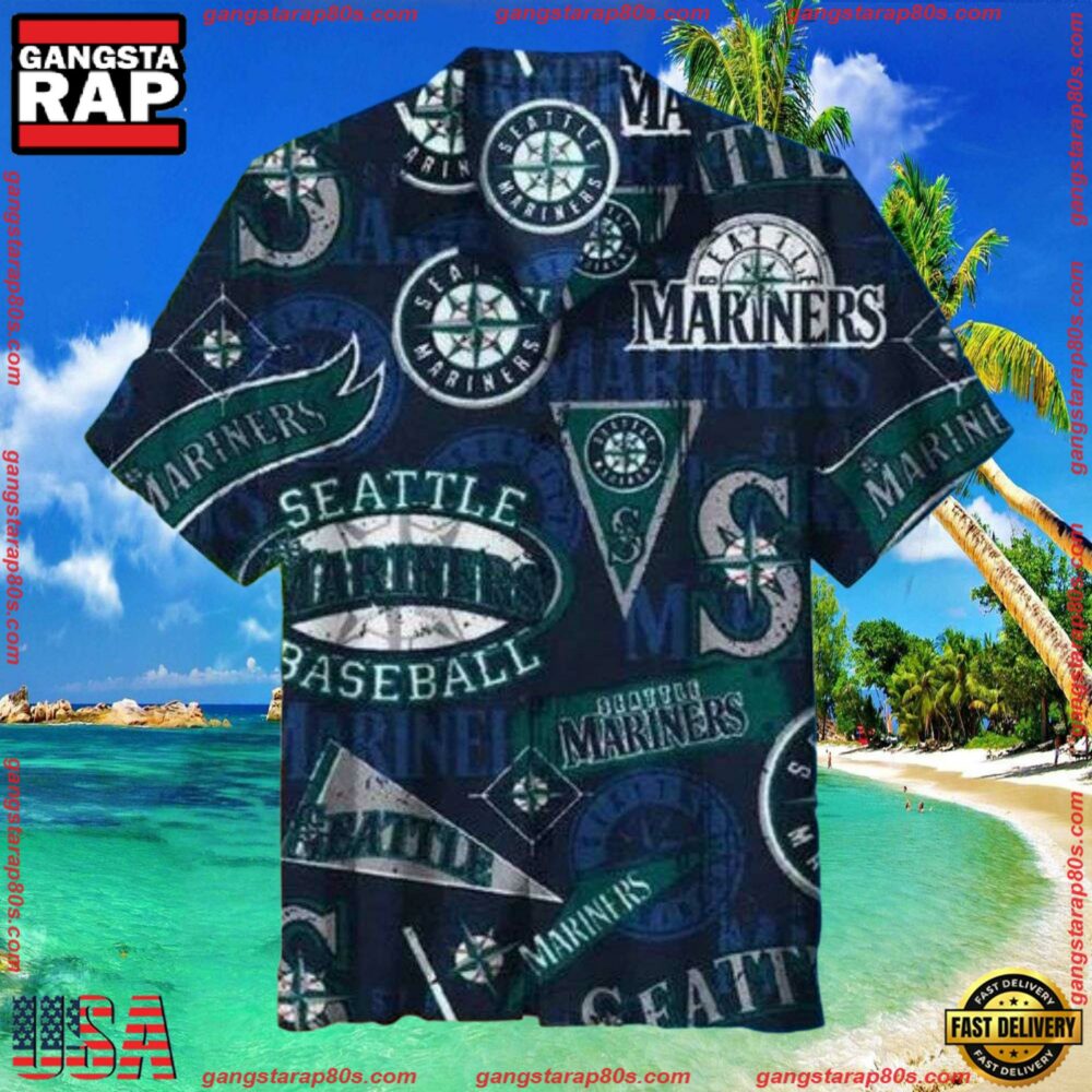 MLB Seattle Mariners Team Logo Navy Aloha Shirt