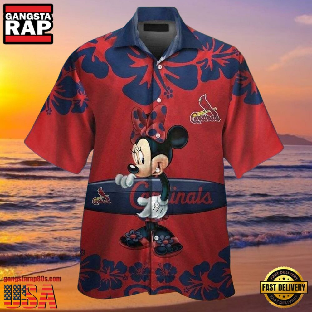 MLB St. Louis Cardinals Aloha Shirt Featuring Minnie Mouse And Surfboard