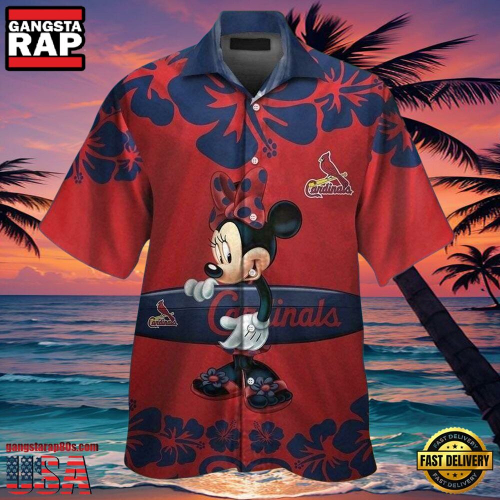 MLB St. Louis Cardinals Aloha Shirt Featuring Minnie Mouse And Surfboard