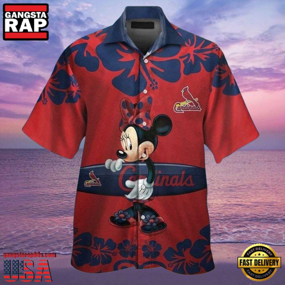 MLB St. Louis Cardinals Aloha Shirt Featuring Minnie Mouse And Surfboard