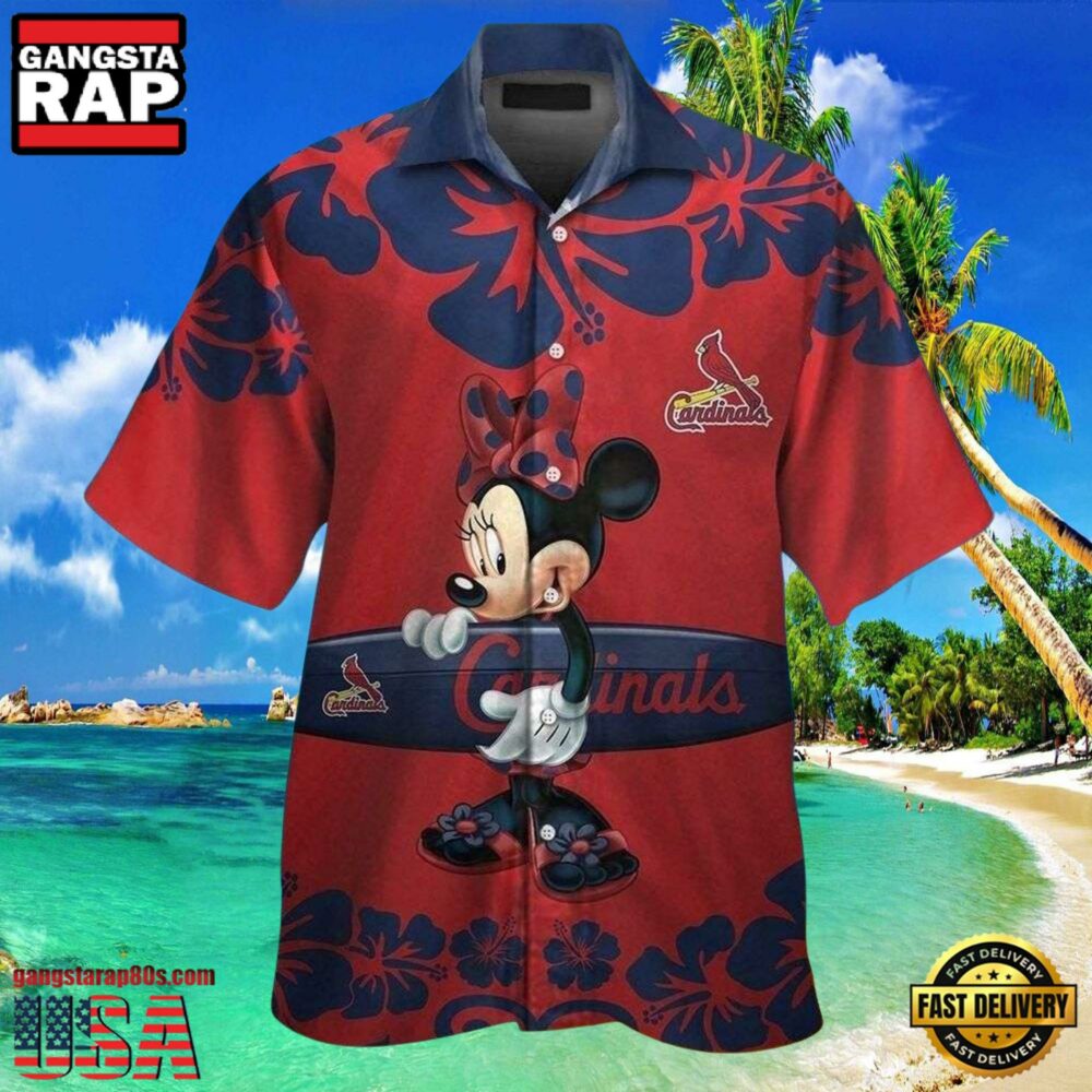 MLB St. Louis Cardinals Aloha Shirt Featuring Minnie Mouse And Surfboard
