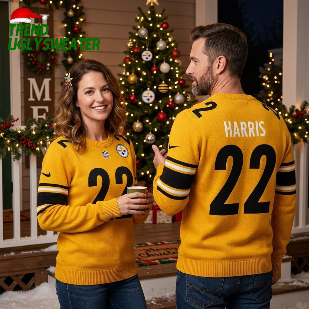 Najee Harris 22 Pittsburgh Steelers Yellow Ugly Christmas Sweater