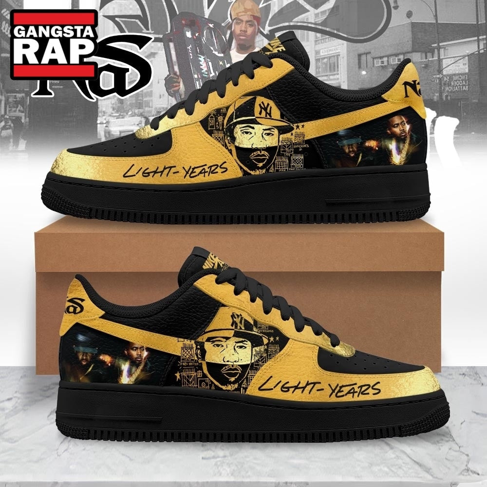 Nas Light Years Black & Gold Hip Hop Graphic Custom Air Force 1 Shoes, Music Air Force 1 Shoes